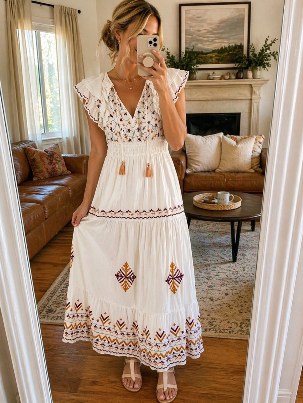 Anthropologie Embroidered Linen Midi Dress